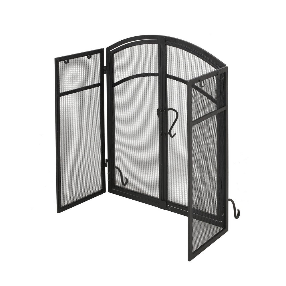 Tri Fold Fireplace Screen with 4 pcs Tool Set, Fine Mesh, Black Doors -BM325004
