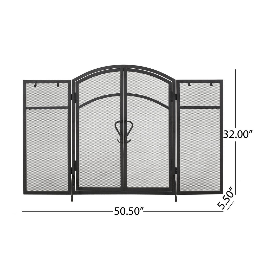 Tri Fold Fireplace Screen with 4 pcs Tool Set, Fine Mesh, Black Doors -BM325004