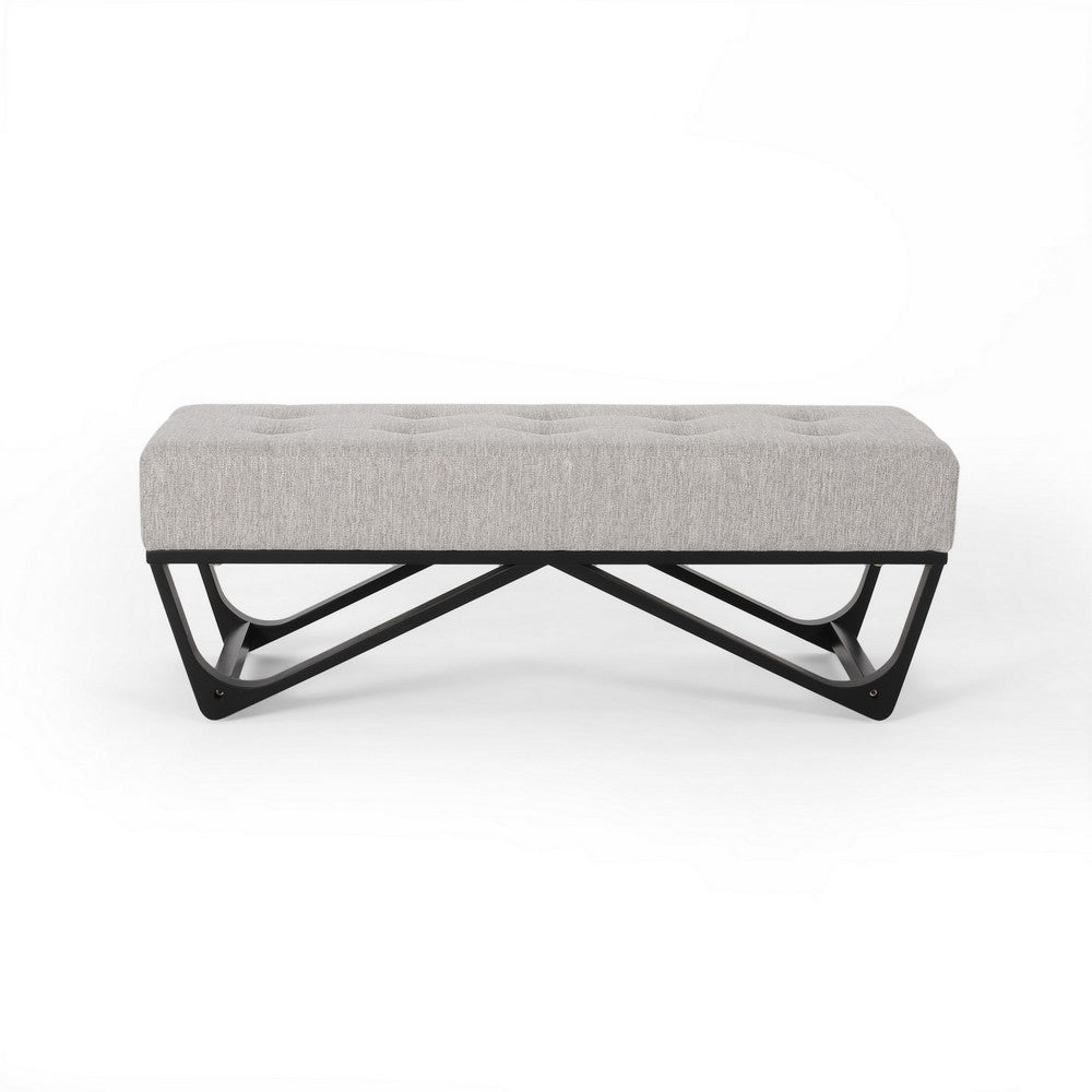 Liba Ottoman Bench, Button Tufted Beige Fabric, Black Frame, 47 Inch -BM325005