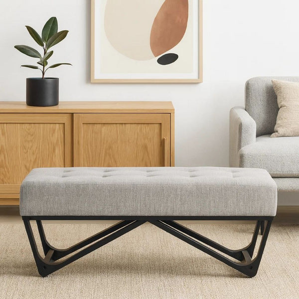 Liba Ottoman Bench, Button Tufted Beige Fabric, Black Frame, 47 Inch -BM325005