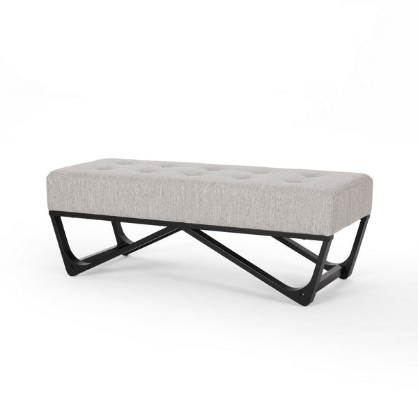 Liba Ottoman Bench, Button Tufted Beige Fabric, Black Frame, 47 Inch -BM325005