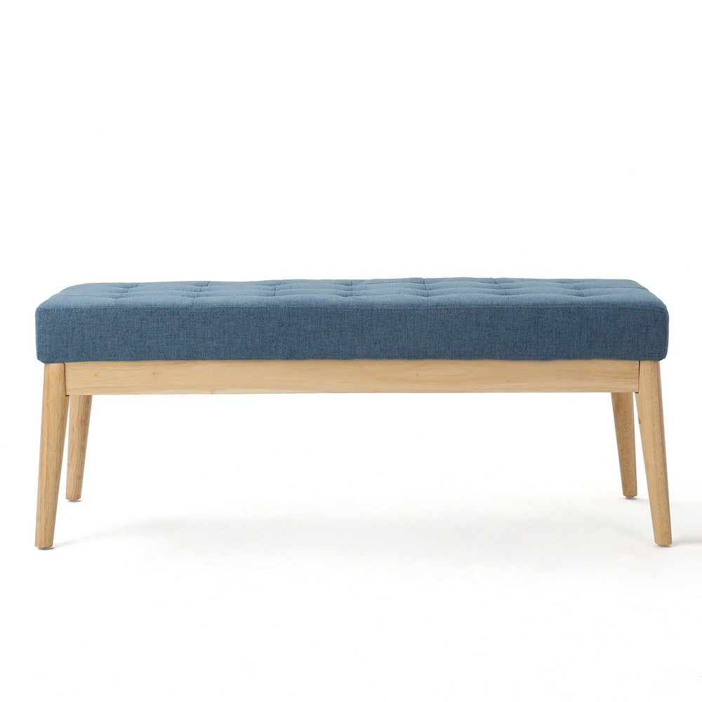 Gisa Ottoman Bench, Blue Fabric Tufted, Natural Brown Wood, 44 Inch -BM325008