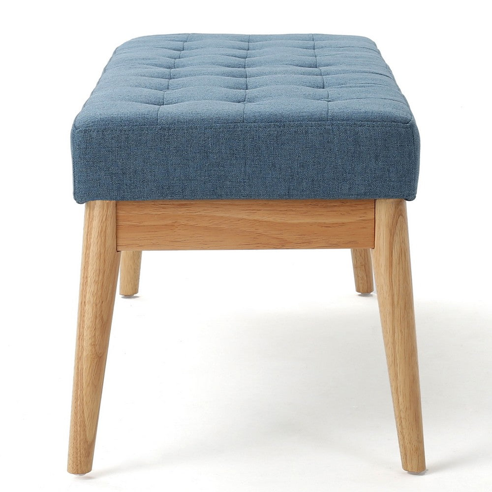 Gisa Ottoman Bench, Blue Fabric Tufted, Natural Brown Wood, 44 Inch -BM325008