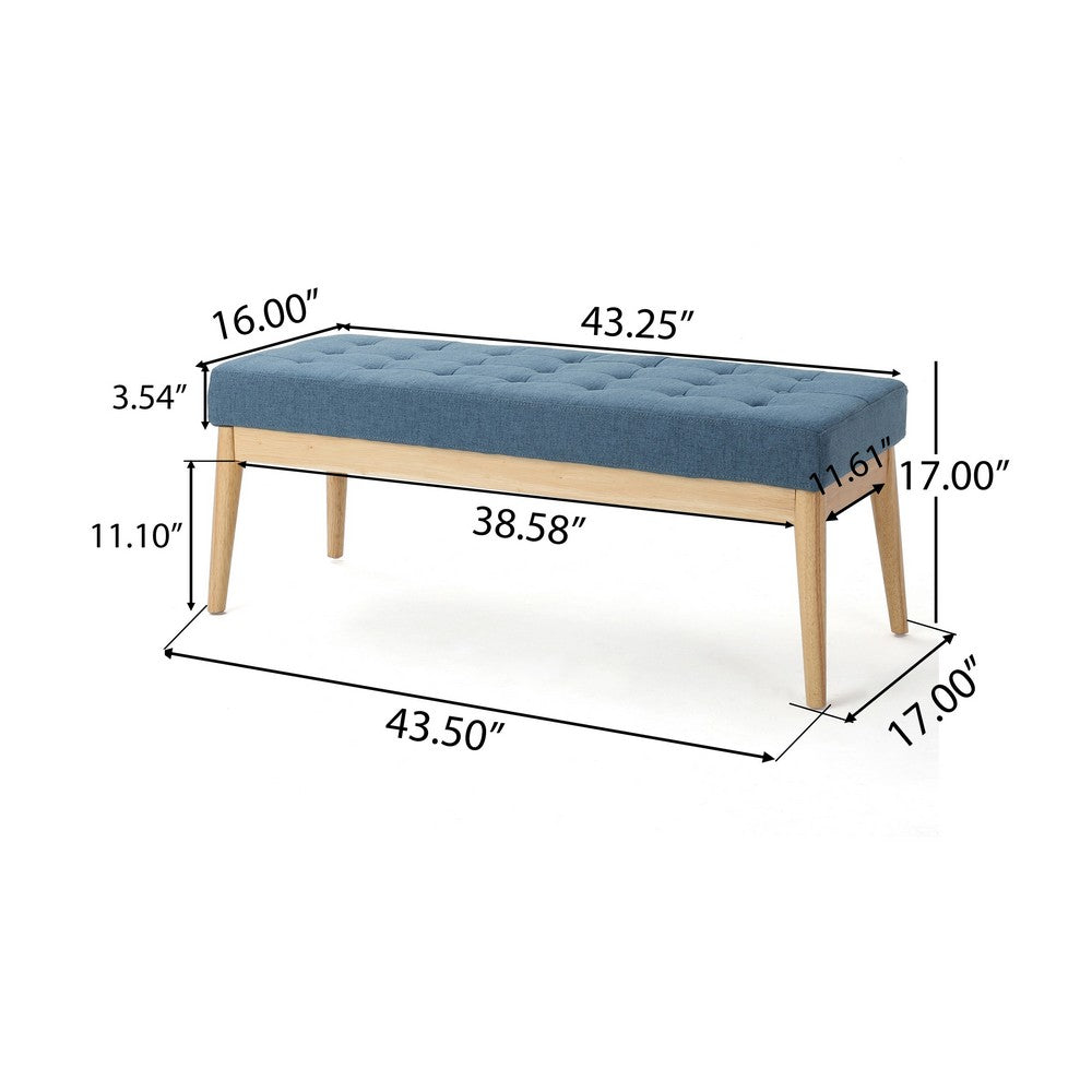 Gisa Ottoman Bench, Blue Fabric Tufted, Natural Brown Wood, 44 Inch -BM325008