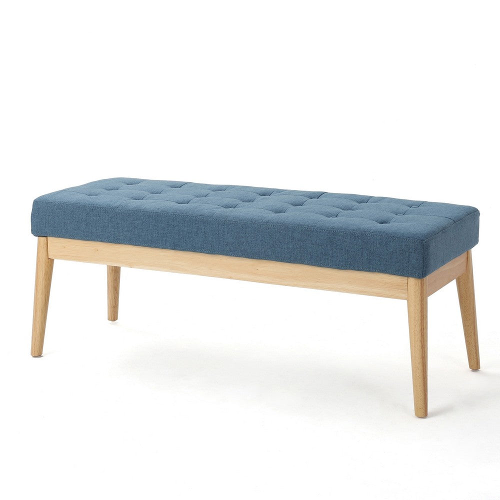 Gisa Ottoman Bench, Blue Fabric Tufted, Natural Brown Wood, 44 Inch