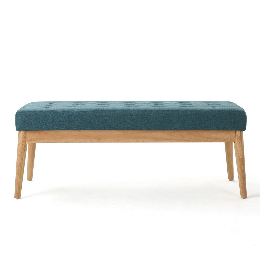 Gisa Ottoman Bench, Teal Blue Fabric Tufted Seat, 44 Inch Brown Wood -BM325012