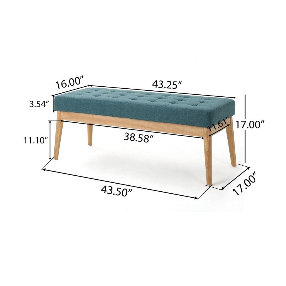 Gisa Ottoman Bench, Teal Blue Fabric Tufted Seat, 44 Inch Brown Wood -BM325012