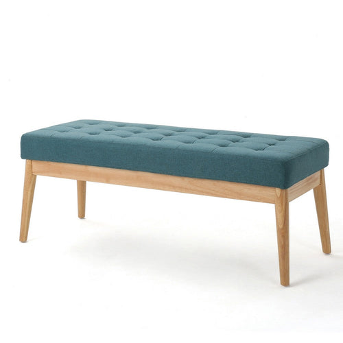 Gisa Ottoman Bench, Teal Blue Fabric Tufted Seat, 44 Inch Brown Wood