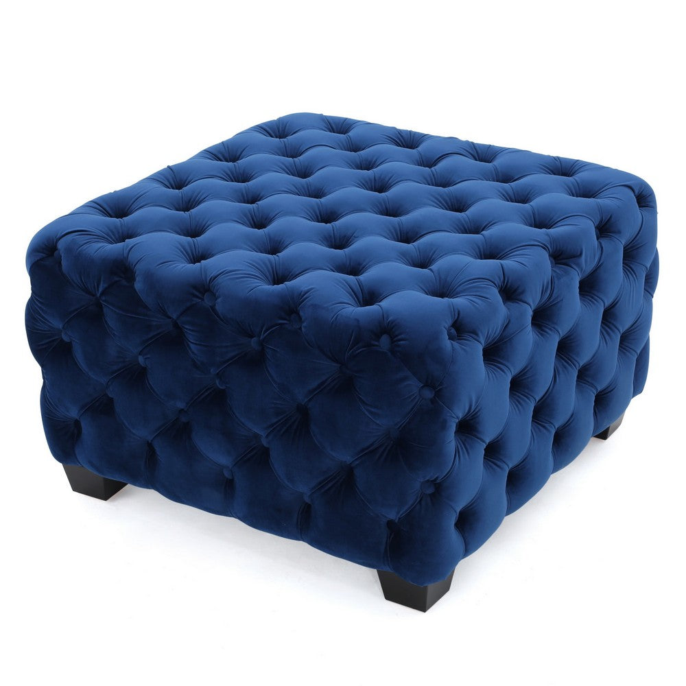 Ottoman, Modern Button Tufted, Navy Blue Velvet, 29 Inch Square Shape -BM325016