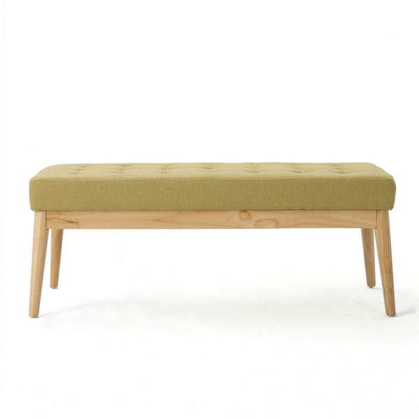 Gisa Ottoman Bench, Yellow Fabric, Tufted Seat, Brown Wood, 44 Inch -BM325020