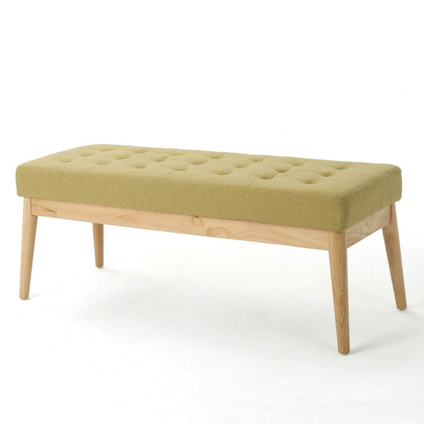 Gisa Ottoman Bench, Yellow Fabric, Tufted Seat, Brown Wood, 44 Inch