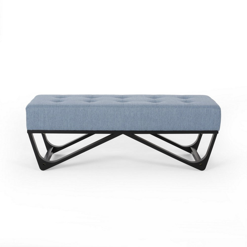 Liba Ottoman Bench, Button Tufted Light Blue Fabric, Black, 47 Inch -BM325025