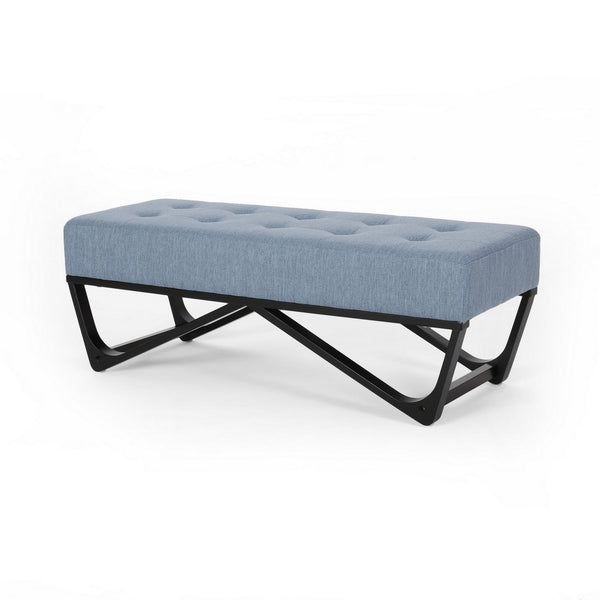 Liba Ottoman Bench, Button Tufted Light Blue Fabric, Black, 47 Inch -BM325025