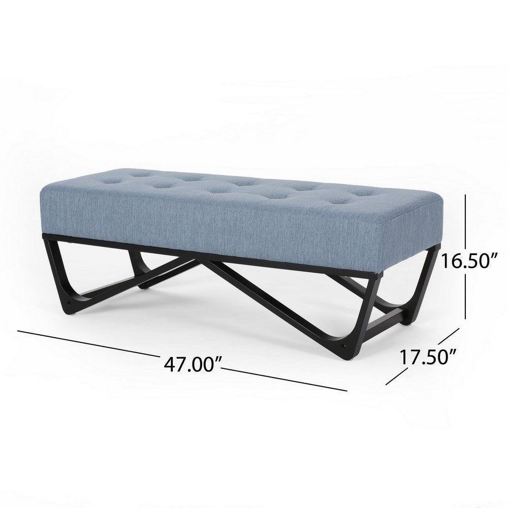 Liba Ottoman Bench, Button Tufted Light Blue Fabric, Black, 47 Inch -BM325025