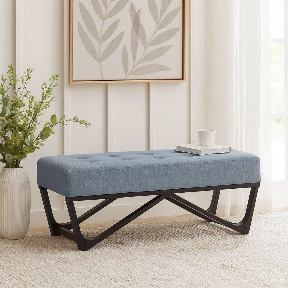 Liba Ottoman Bench, Button Tufted Light Blue Fabric, Black, 47 Inch -BM325025