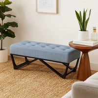 Liba Ottoman Bench, Button Tufted Light Blue Fabric, Black, 47 Inch -BM325025