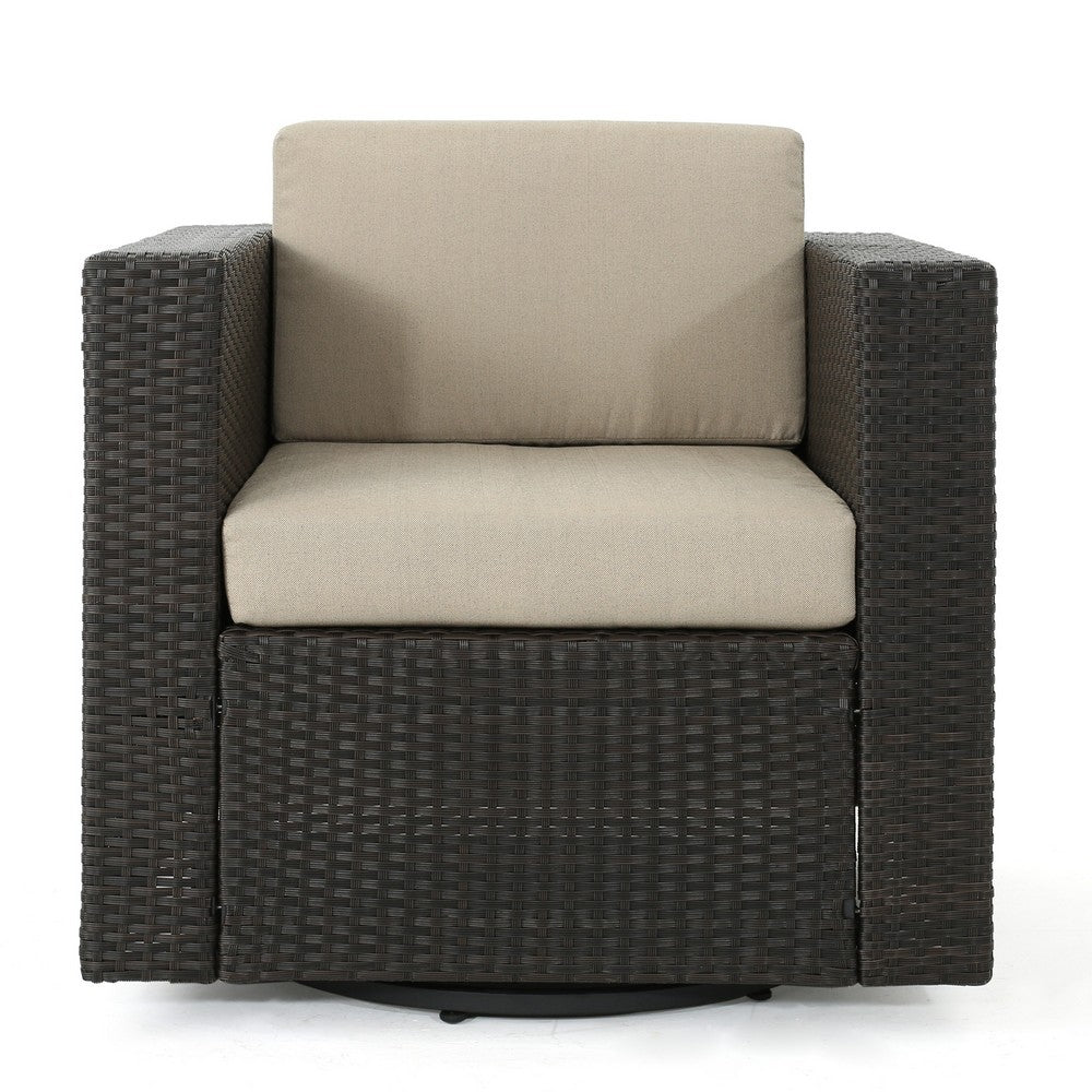 Perie Outdoor Swivel Accent Chair, Beige Fabric and Dark Brown Rattan -BM325028