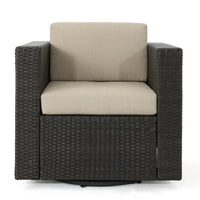 Perie Outdoor Swivel Accent Chair, Beige Fabric and Dark Brown Rattan -BM325028