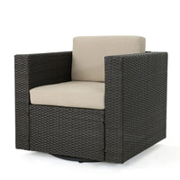 Perie Outdoor Swivel Accent Chair, Beige Fabric and Dark Brown Rattan -BM325028