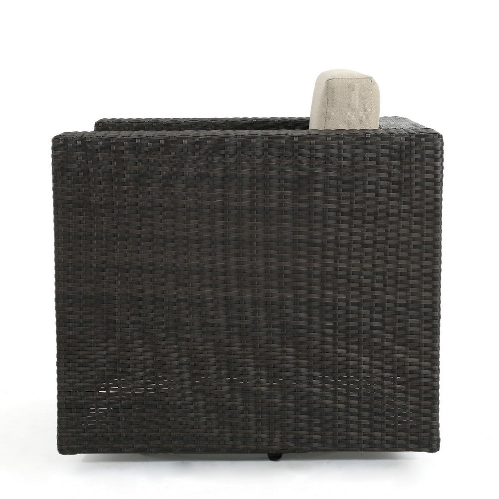 Perie Outdoor Swivel Accent Chair, Beige Fabric and Dark Brown Rattan -BM325028