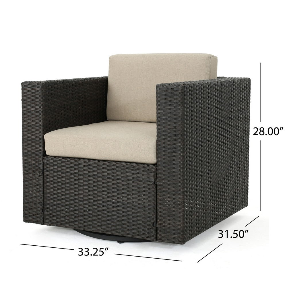 Perie Outdoor Swivel Accent Chair, Beige Fabric and Dark Brown Rattan -BM325028