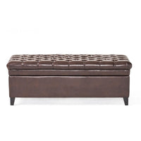 Rhya Storage Ottoman Bench, Brown Faux Leather, Black Wood, 50 Inch -BM325030