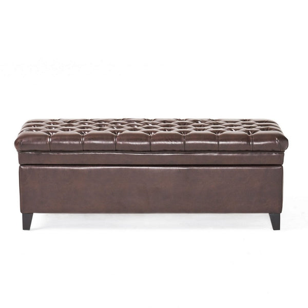Rhya Storage Ottoman Bench, Brown Faux Leather, Black Wood, 50 Inch -BM325030
