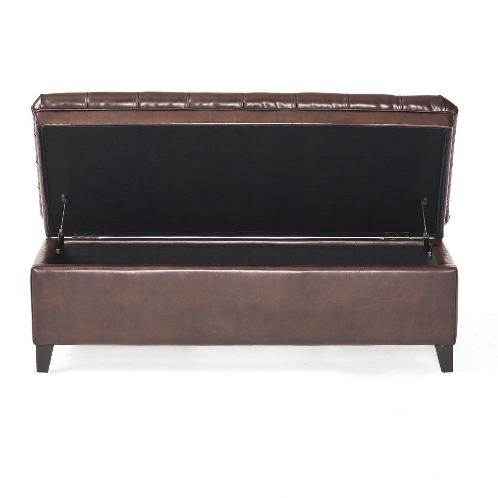 Rhya Storage Ottoman Bench, Brown Faux Leather, Black Wood, 50 Inch -BM325030