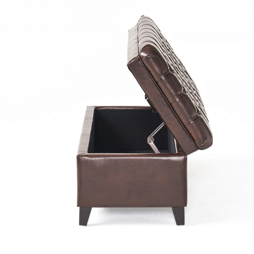 Rhya Storage Ottoman Bench, Brown Faux Leather, Black Wood, 50 Inch -BM325030