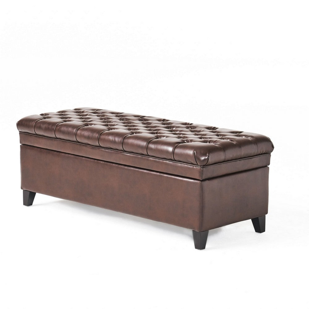 Benzara Rhya Storage Ottoman Bench, Brown Faux Leather, Black Wood