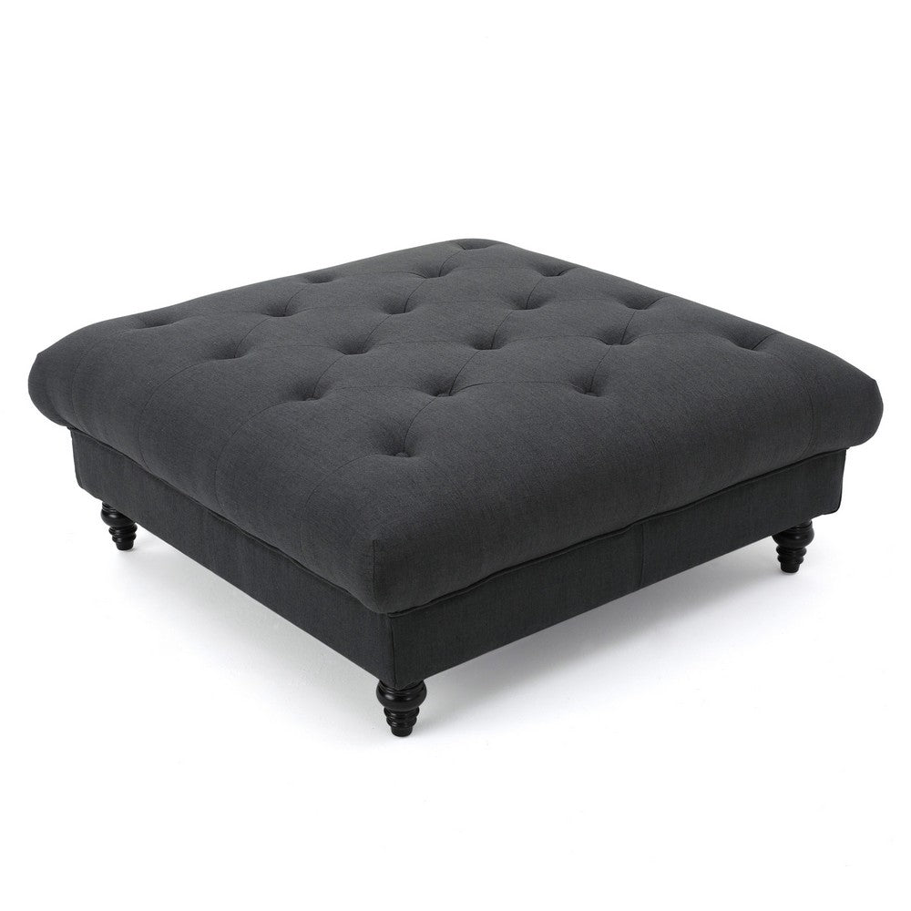 Capri Ottoman, Tufted Dark Gray Fabric, Birch Wood, Square 41 Inch -BM325033