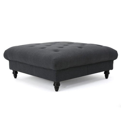 Capri Ottoman, Tufted Dark Gray Fabric, Birch Wood, Square 41 Inch