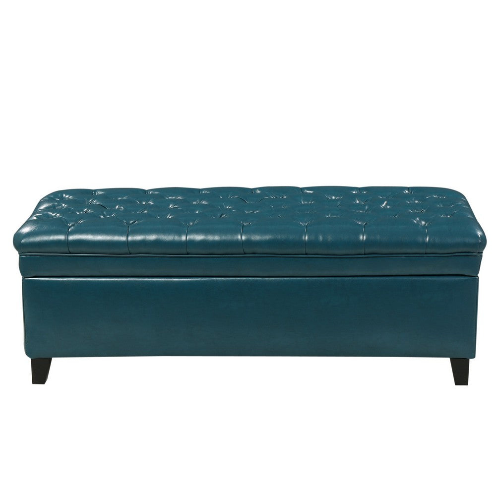 Rhya Storage Ottoman Bench, Teal Blue Faux Leather, Brown Wood 50 Inch -BM325034