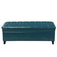 Rhya Storage Ottoman Bench, Teal Blue Faux Leather, Brown Wood 50 Inch -BM325034