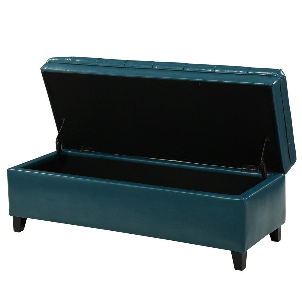 Rhya Storage Ottoman Bench, Teal Blue Faux Leather, Brown Wood 50 Inch -BM325034