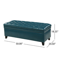 Rhya Storage Ottoman Bench, Teal Blue Faux Leather, Brown Wood 50 Inch -BM325034