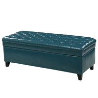 Rhya Storage Ottoman Bench, Teal Blue Faux Leather, Brown Wood 50 Inch -BM325034