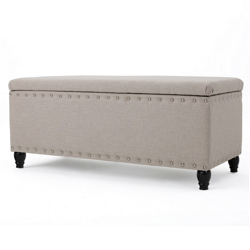 Sharon Storage Ottoman Bench, Beige Fabric, Nailhead Trim, 42 Inch -BM325035