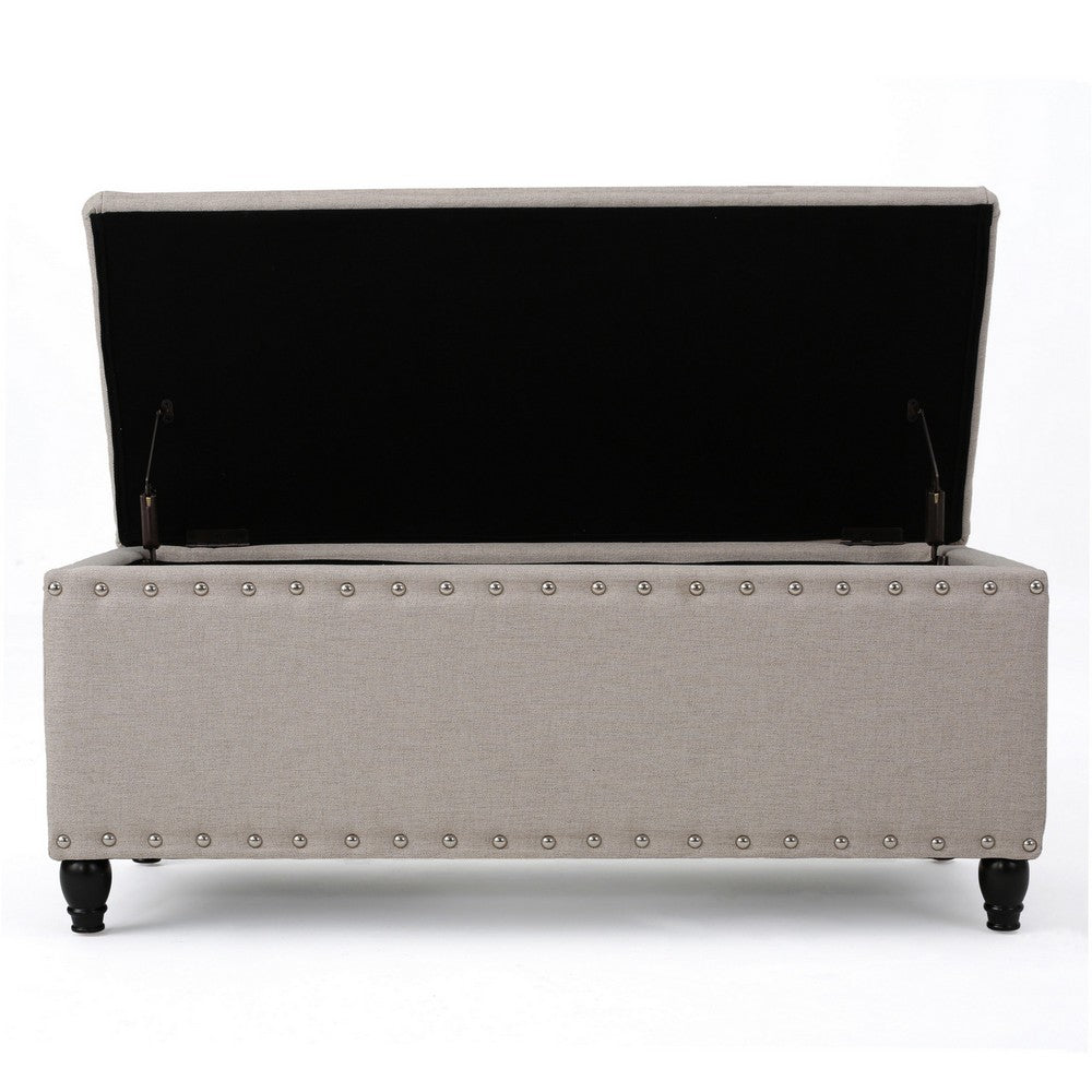 Sharon Storage Ottoman Bench, Beige Fabric, Nailhead Trim, 42 Inch -BM325035