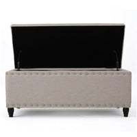 Sharon Storage Ottoman Bench, Beige Fabric, Nailhead Trim, 42 Inch -BM325035