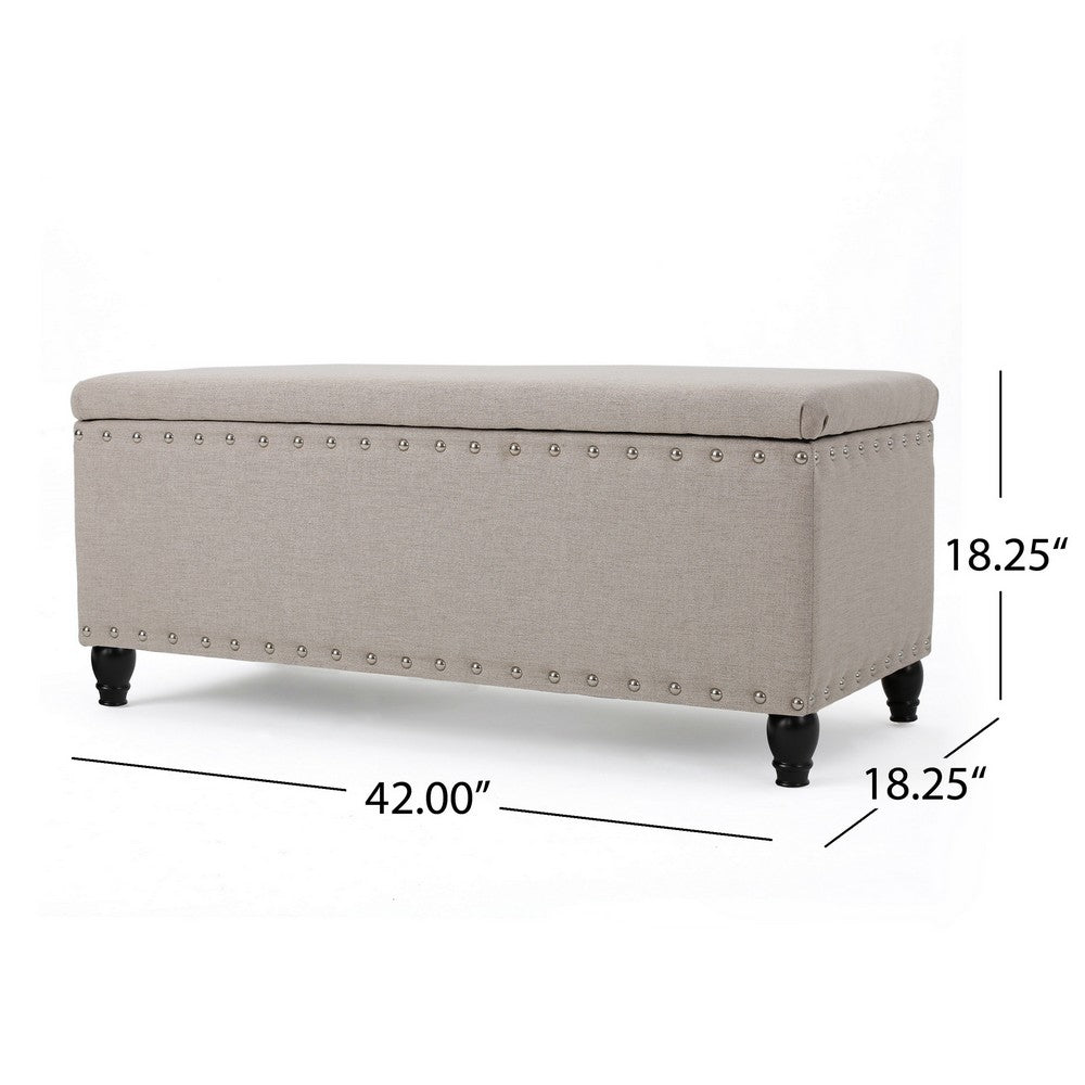 Sharon Storage Ottoman Bench, Beige Fabric, Nailhead Trim, 42 Inch -BM325035