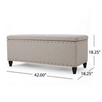 Sharon Storage Ottoman Bench, Beige Fabric, Nailhead Trim, 42 Inch -BM325035
