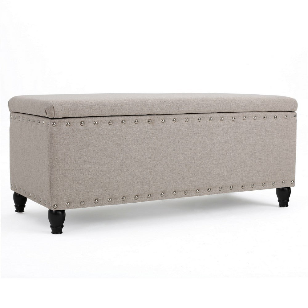 Sharon Storage Ottoman Bench, Beige Fabric, Nailhead Trim, 42 Inch -BM325035