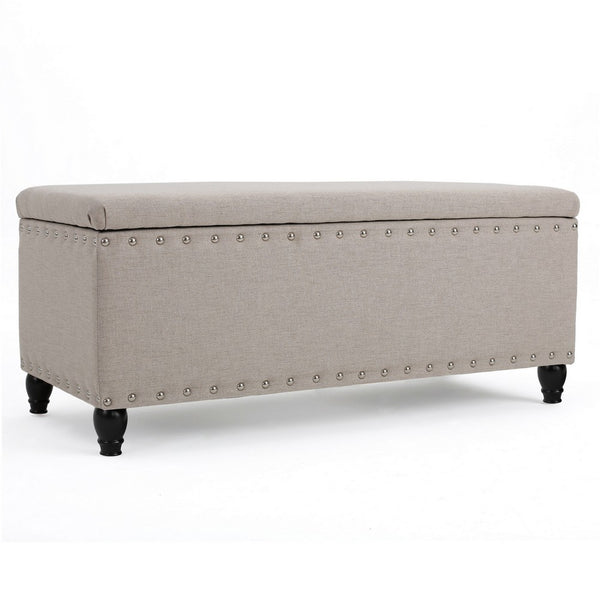 Sharon Storage Ottoman Bench, Beige Fabric, Nailhead Trim, 42 Inch -BM325035