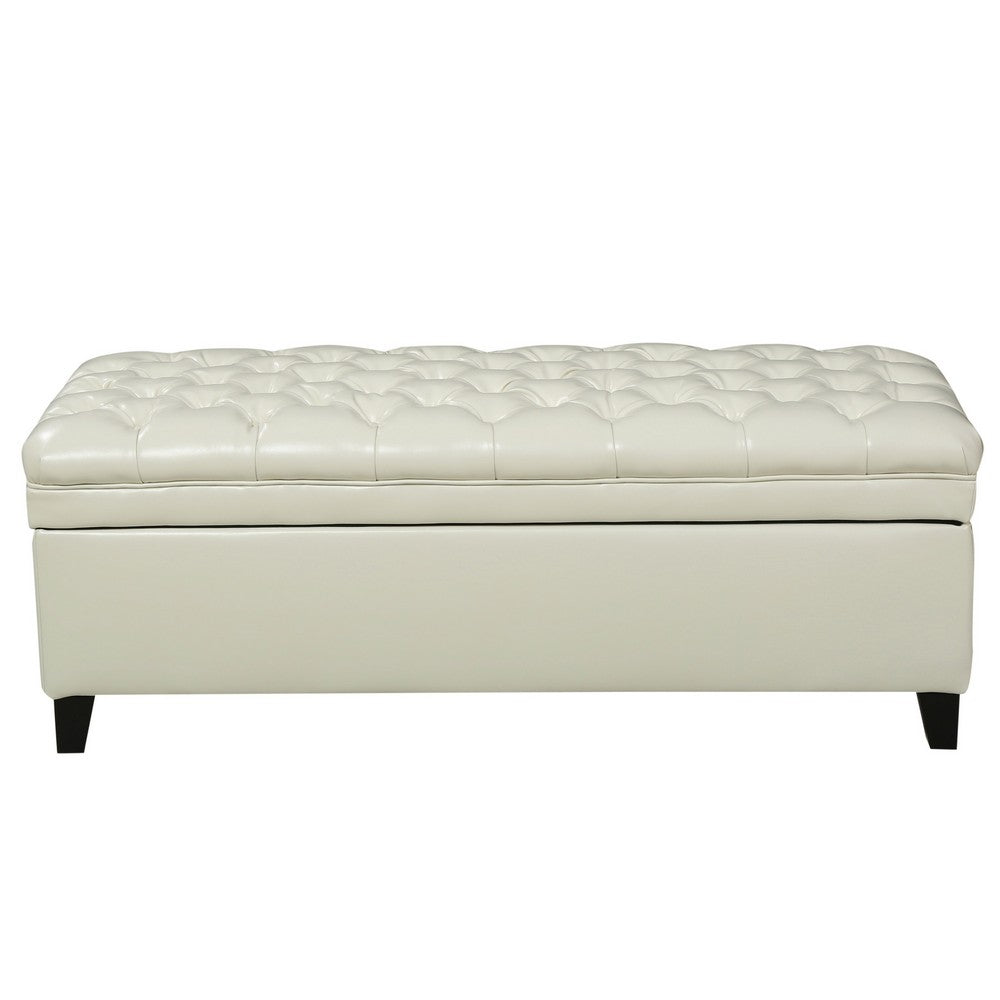 Rhya Storage Ottoman Bench, Ivory Faux Leather, Brown Wood, 50 Inch - BM325043