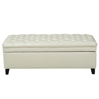 Rhya Storage Ottoman Bench, Ivory Faux Leather, Brown Wood, 50 Inch - BM325043