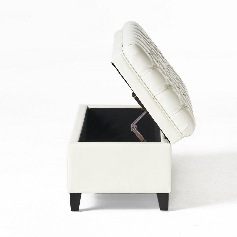 Rhya Storage Ottoman Bench, Ivory Faux Leather, Brown Wood, 50 Inch - BM325043