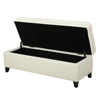 Rhya Storage Ottoman Bench, Ivory Faux Leather, Brown Wood, 50 Inch - BM325043