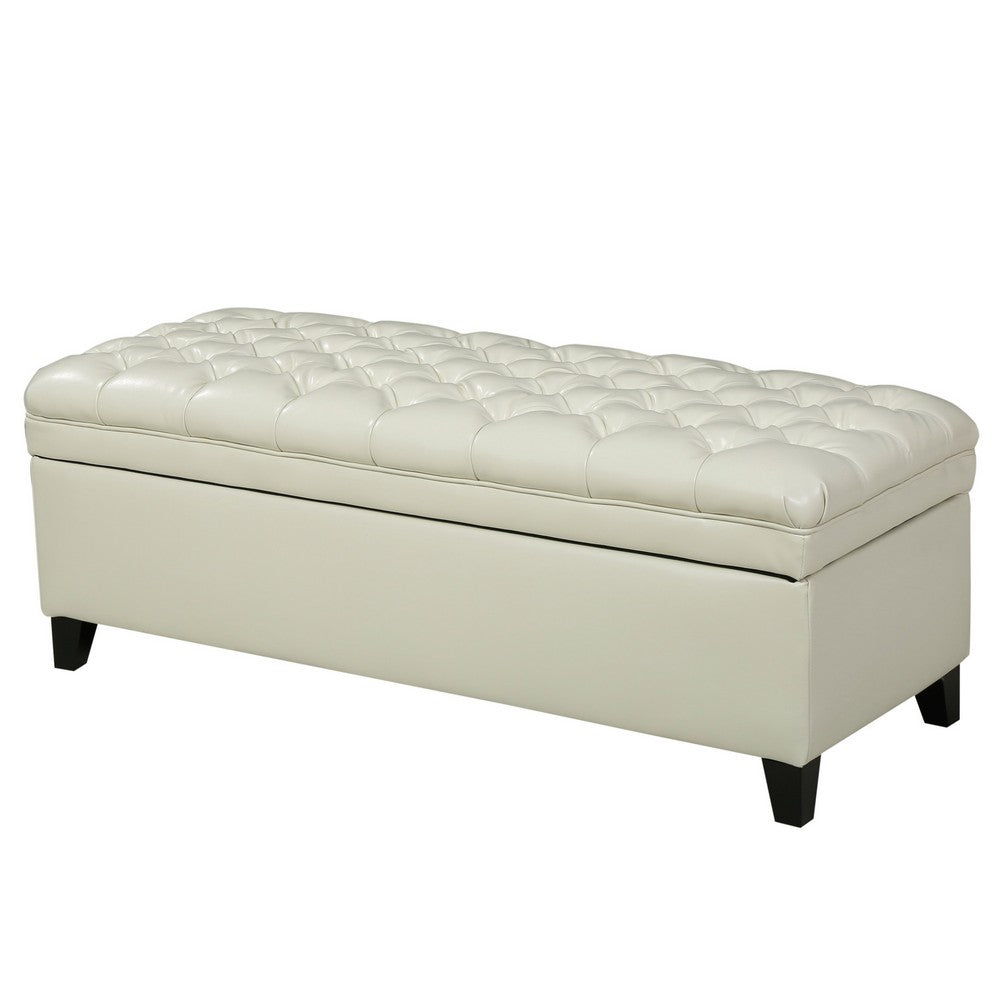 Rhya Storage Ottoman Bench, Ivory Faux Leather, Brown Wood, 50 Inch - BM325043