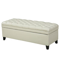 Rhya Storage Ottoman Bench, Ivory Faux Leather, Brown Wood, 50 Inch - BM325043